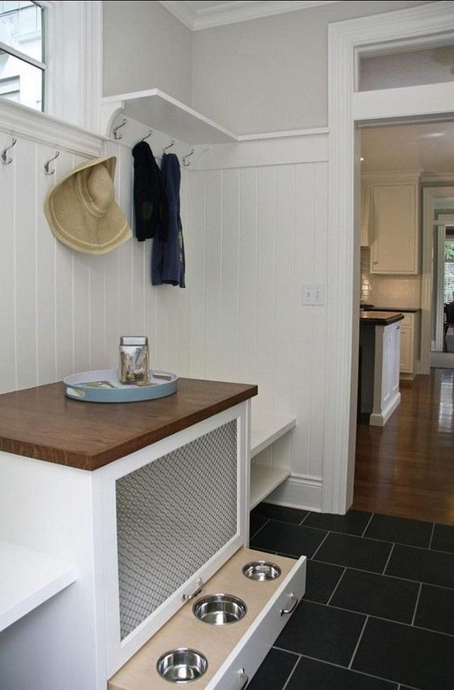 White Panels, Dark Tiles, Wood Warmth