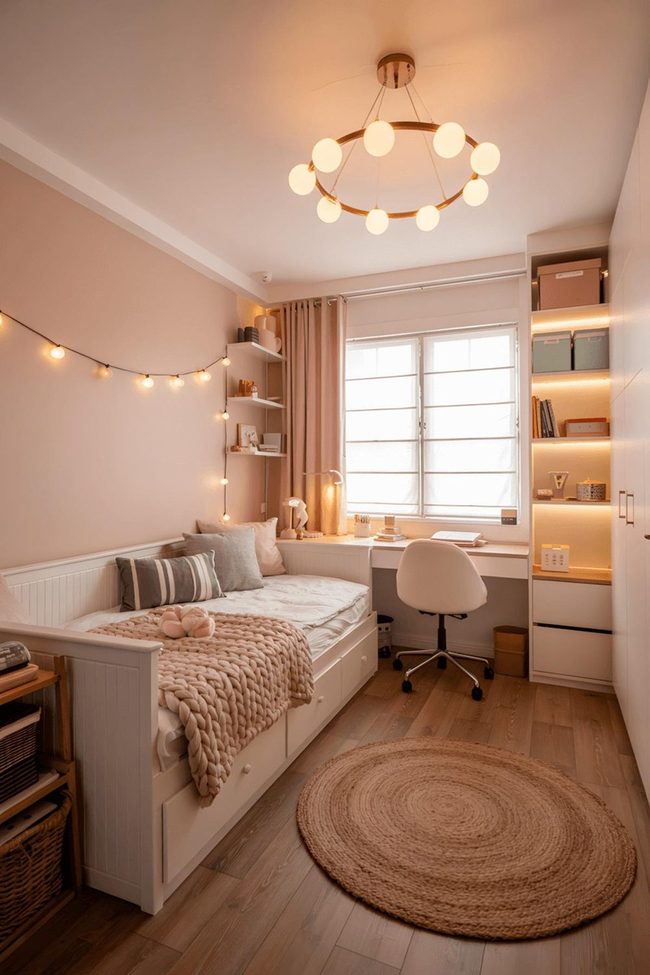 Blush Pink Daybed With Copper Lighting