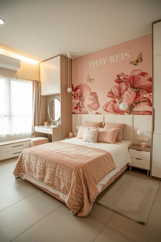 Pink Florals Gold Butterflies Modern Girl