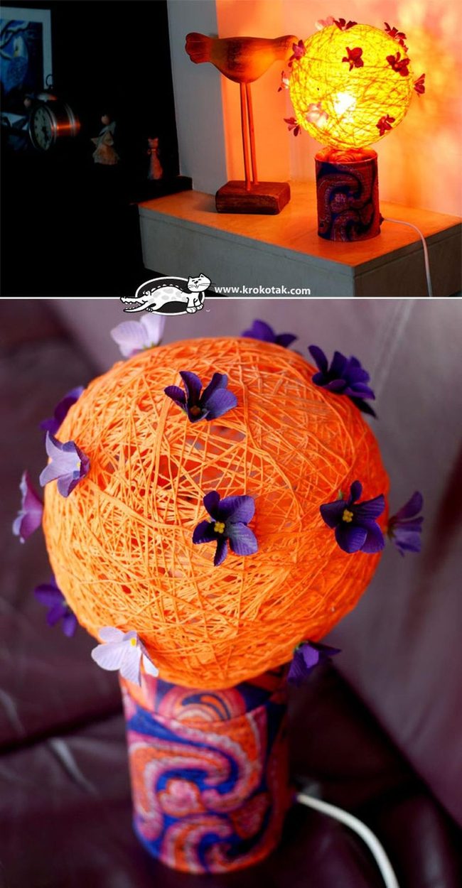 Orange Yarn Lamp With Purple Flowers