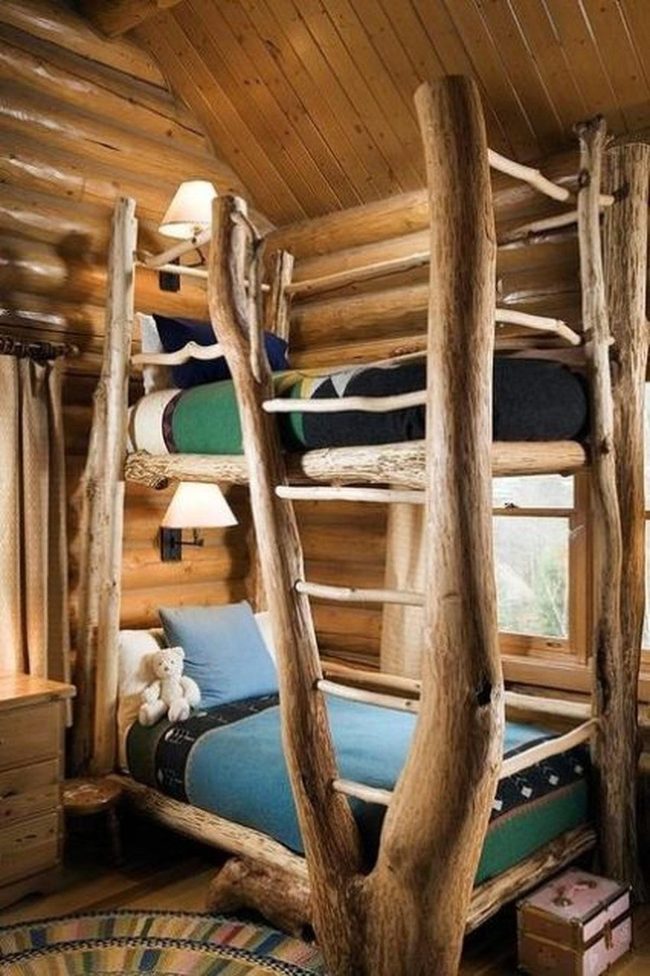 Wooden Bunk Beds, Blue Bedding