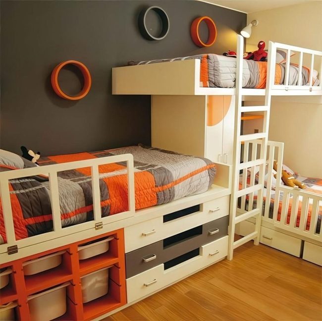 Gray, Orange And White Bunk Room