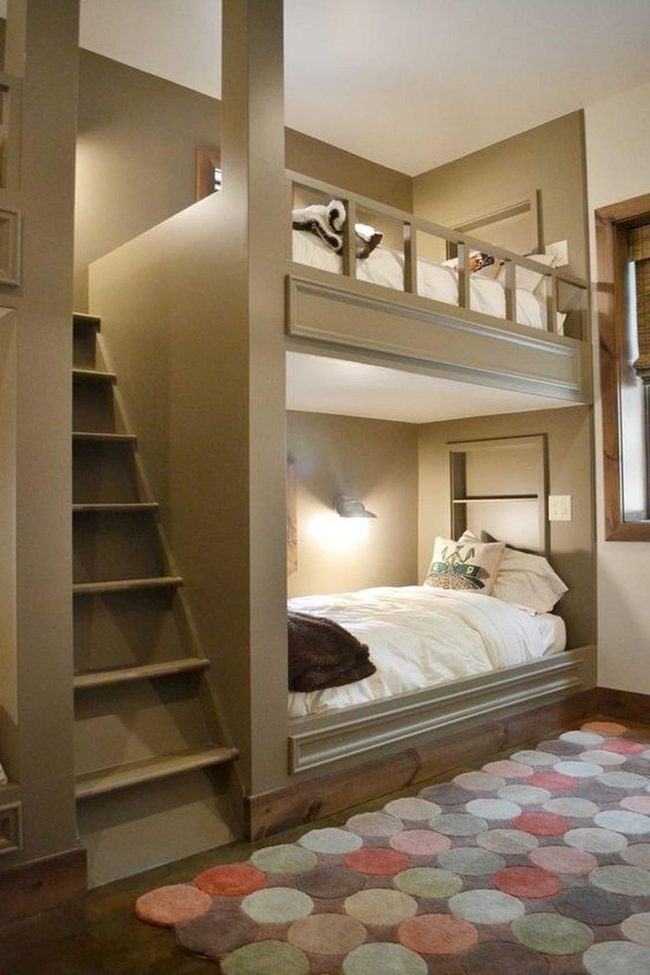 Beige Bunk Bedroom With Built-In Beds