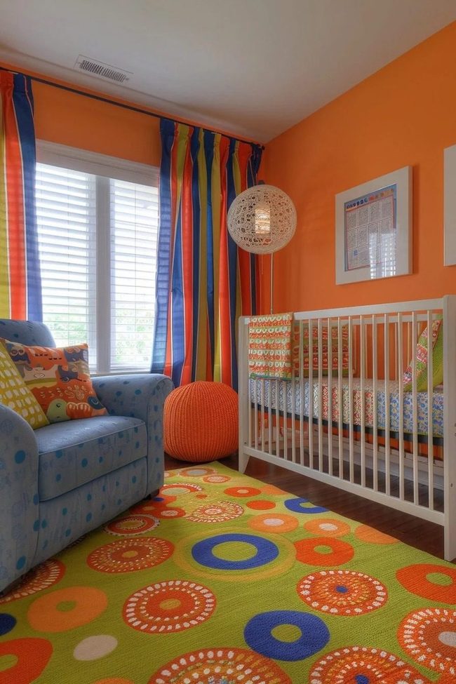 Orange Walls, Striped Curtains, Playful Space