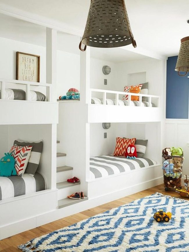 White Bunk Beds, Blue Accent Wall