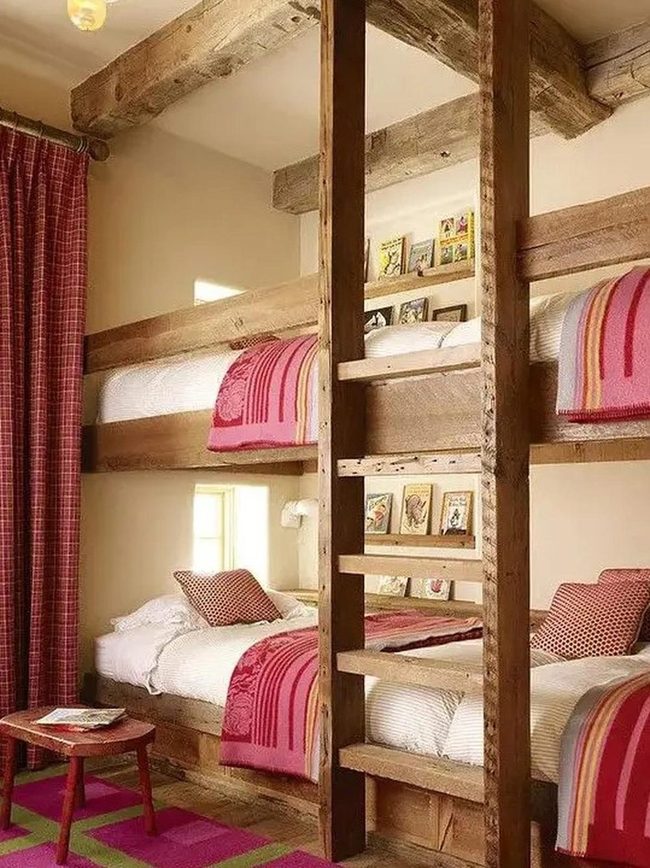 Natural Wood Bunk Beds, Pink Accents