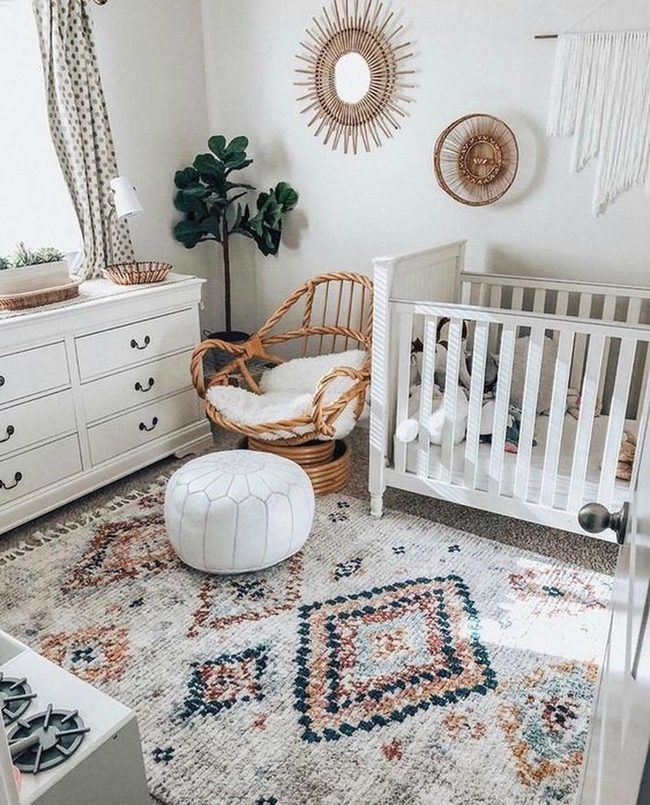 Patterned Rugs, White Walls, Wicker Comfort