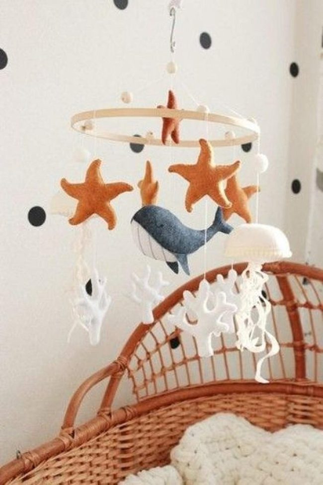 Wicker Crib, Ocean Mobile, Polka Dots