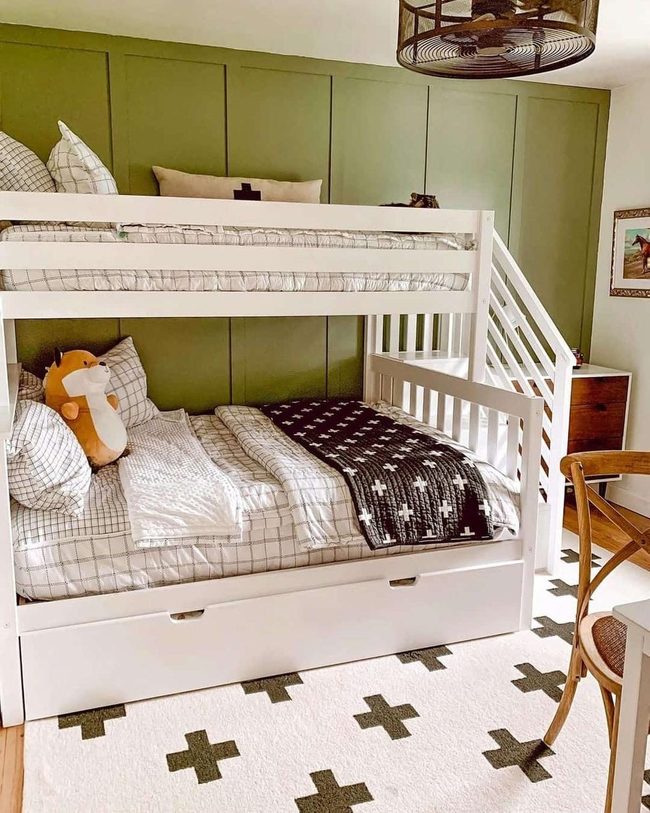 Army Green Bedroom with Grid Patterns
