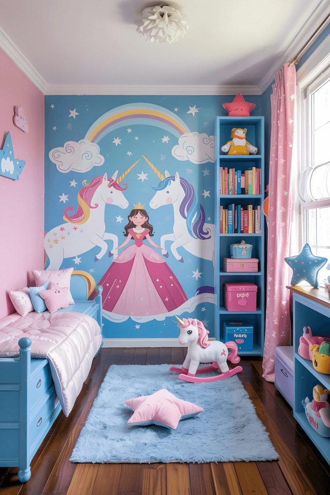 Pink And Blue Princess Unicorn Bedroom Mural