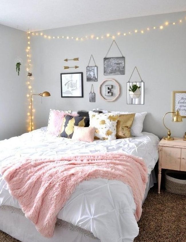Pink Bedding White Walls Gold Accents