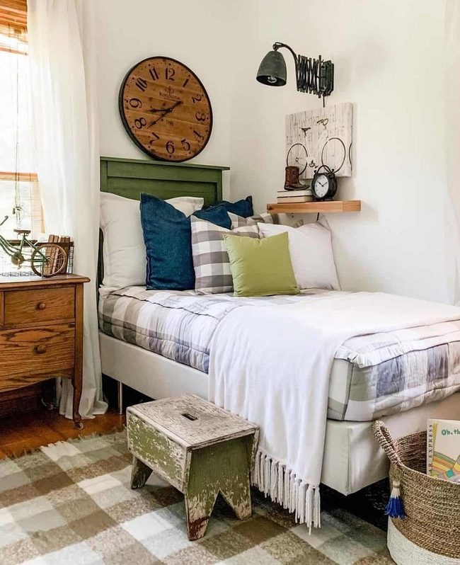 Blue-Green Boy's Bedroom With Bicycle Art