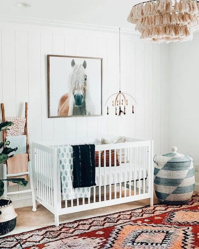 White Crib, Striped Baskets, Tassel Lights