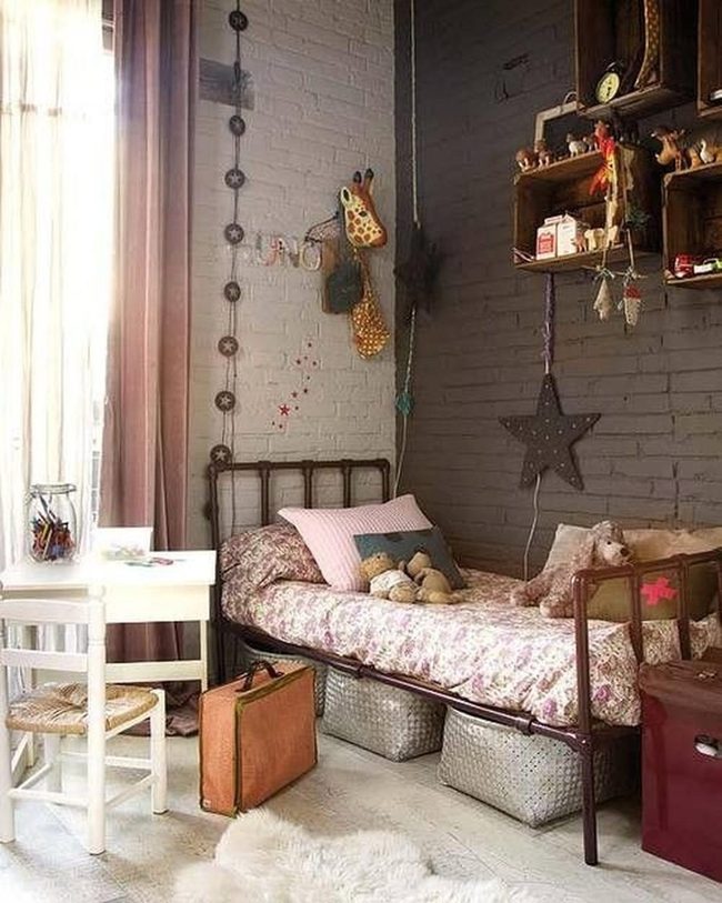 Pink Curtains, Gray Brick Bedroom