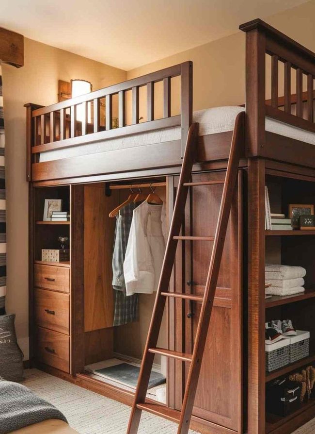Cherry Wooden Loft With Built-In Storage