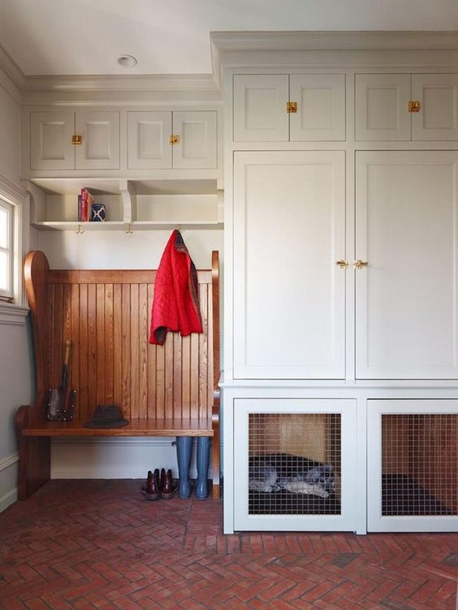 Red Accents, Wood Paneling, Organized Storage
