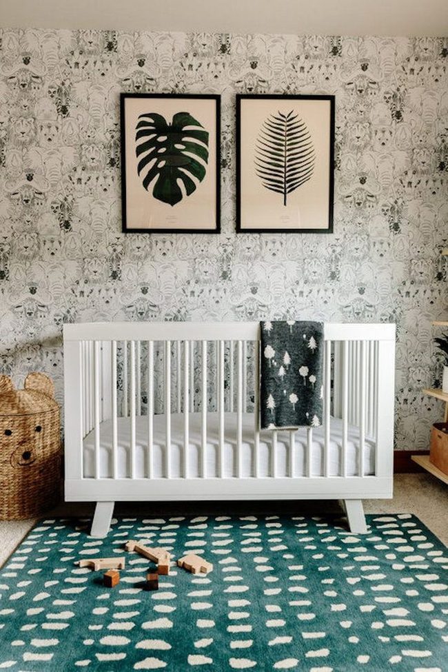 Deep Green Nursery With White Crib