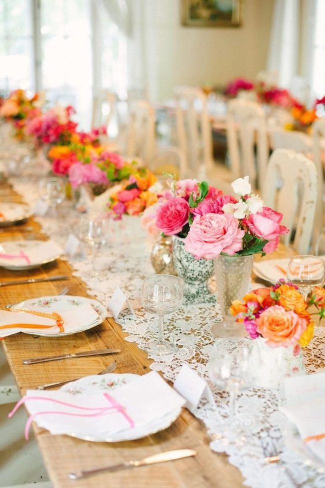 Pink Flowers, Lace, Wood Table