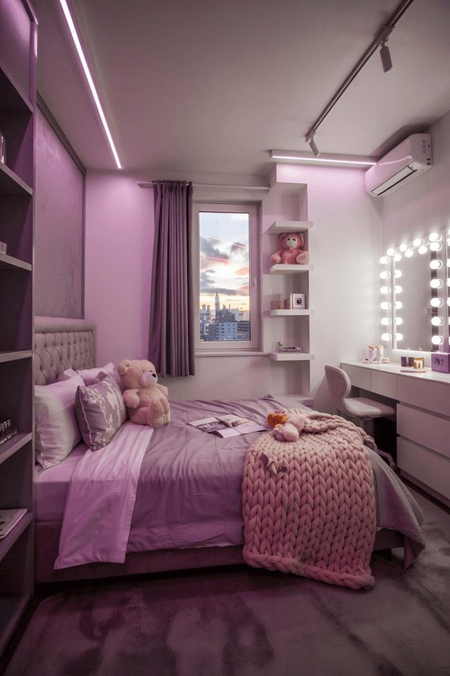 Deep Purple And Pink Bedroom With Velvet Headboard