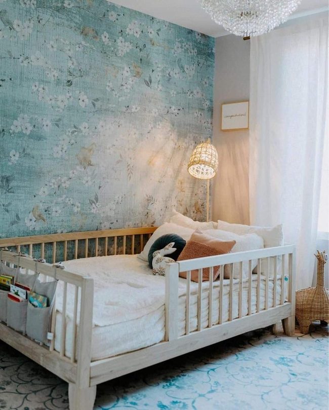 Blue Florals, Natural Wood Bed