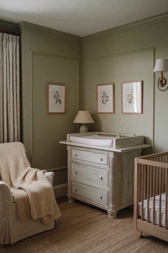 Sage Green Nursery with Wooden Dresser