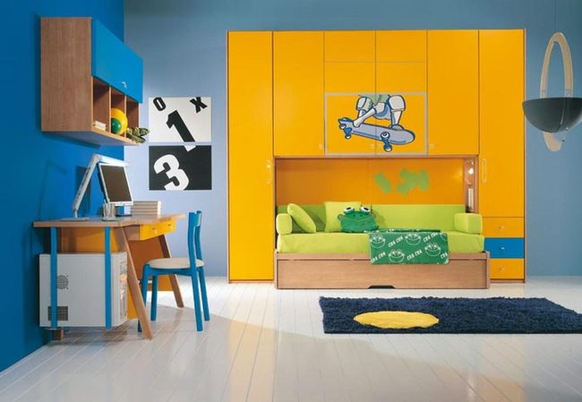 Yellow Cabinets, Blue Walls, Green Sofa