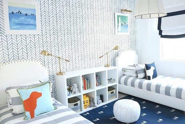 White Studded Beds, Blue Chevron