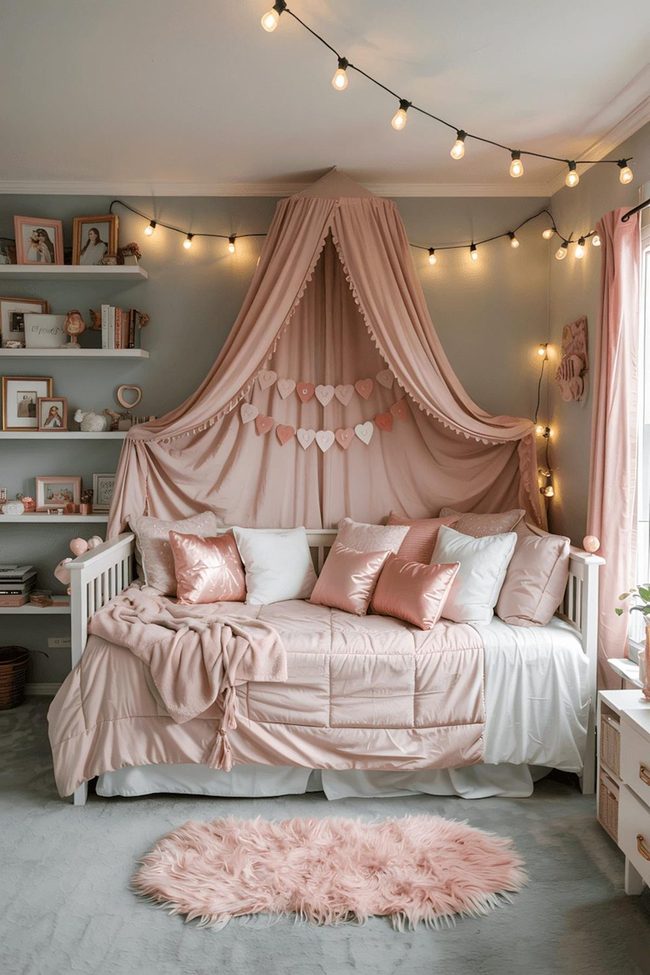 Pink And White Canopy Bedroom With String Lights
