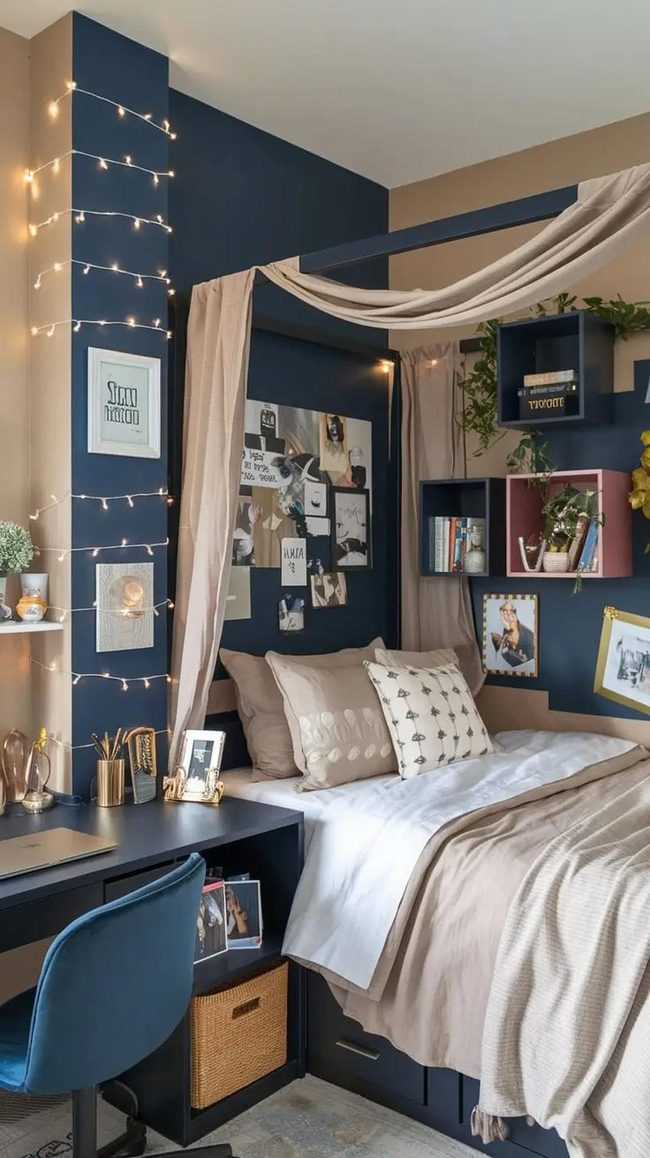 Olive Walls, Golden Lights, Tiny Room