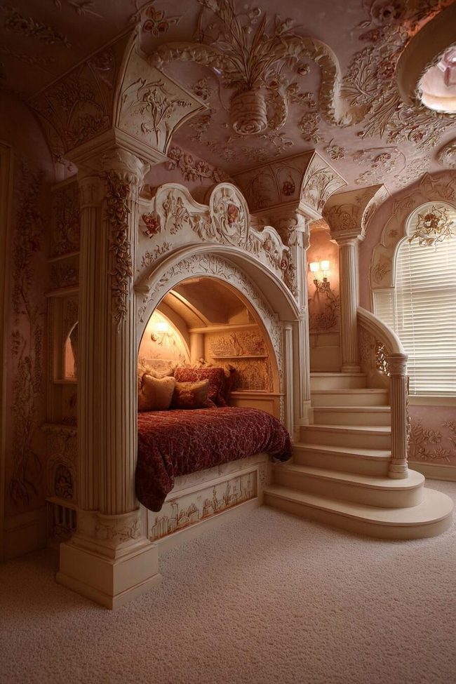 Hand-Carved Wooden Castle Bed