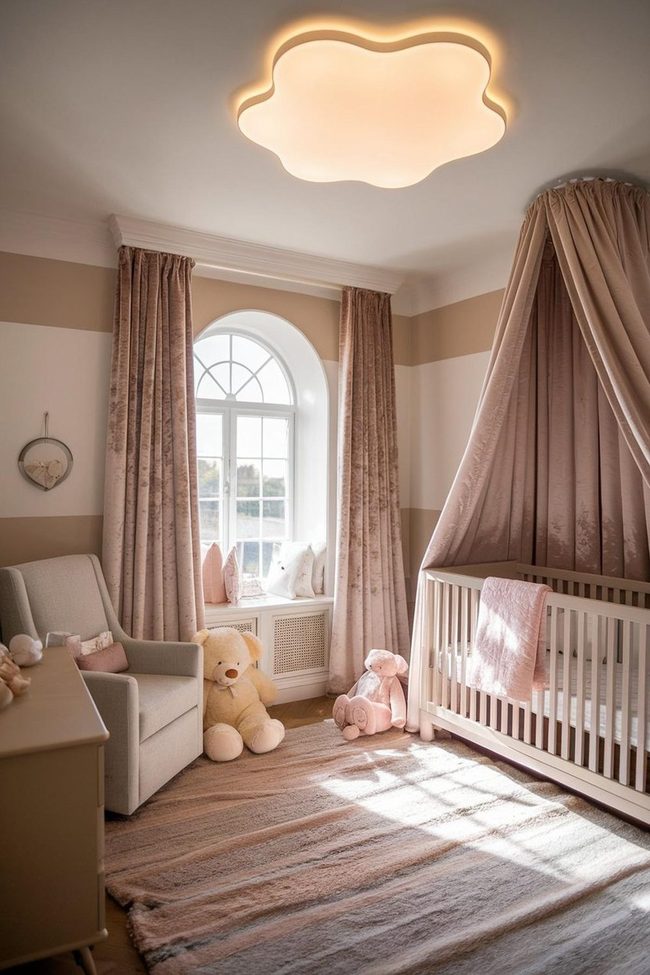 Beige Velvet Nursery with Arched Light