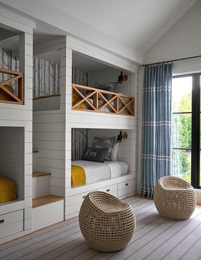 White Wood Bunk Beds, Forest Walls