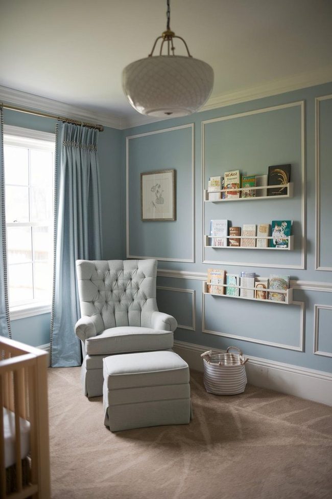 White Molding Blue Walls Bookshelves