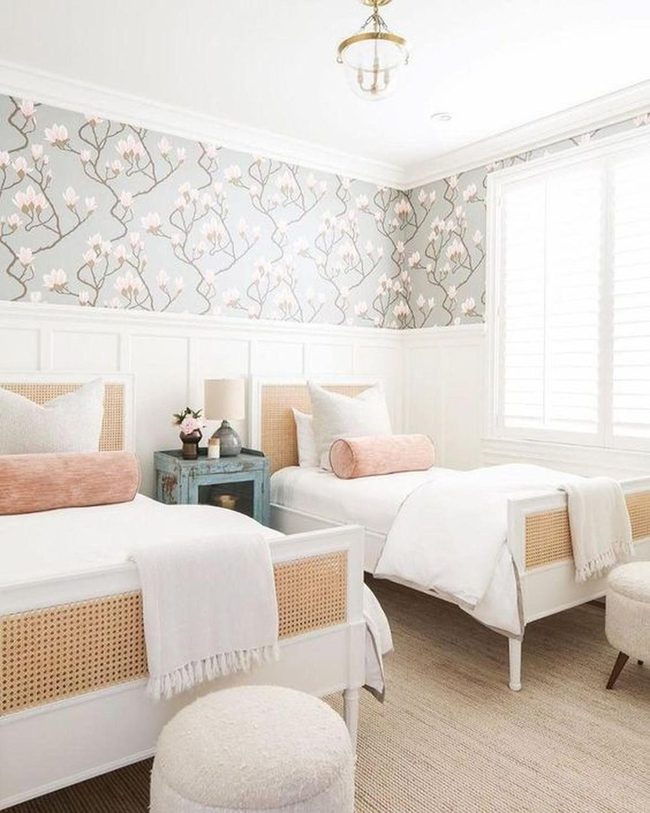 Woven Cane Beds, Pink Blossom Walls