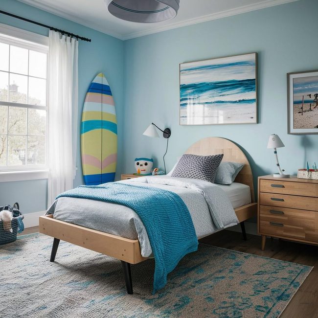 Sandy Blue Surfboard Resting Area