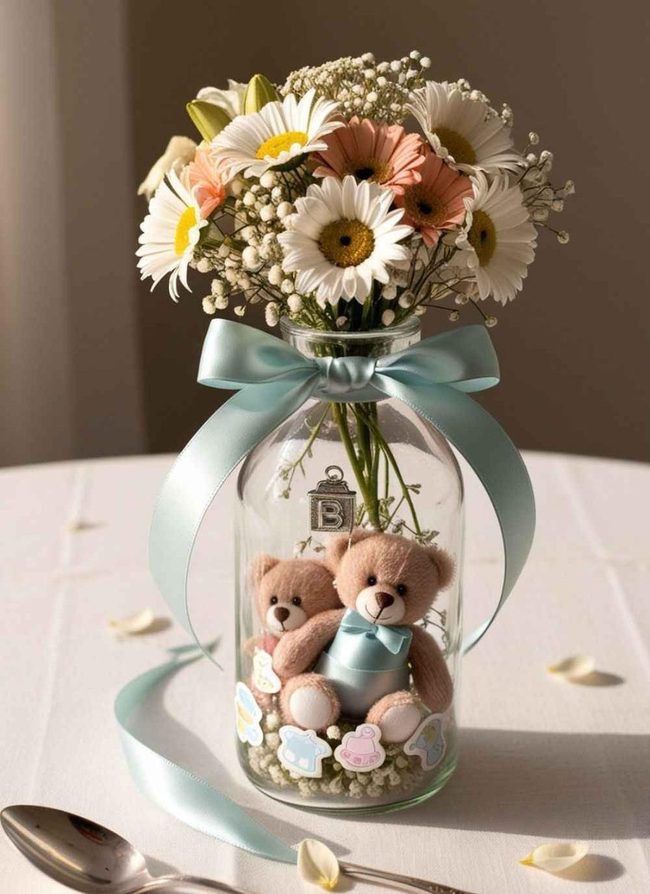 Flower-Filled Baby Bottles Centerpieces
