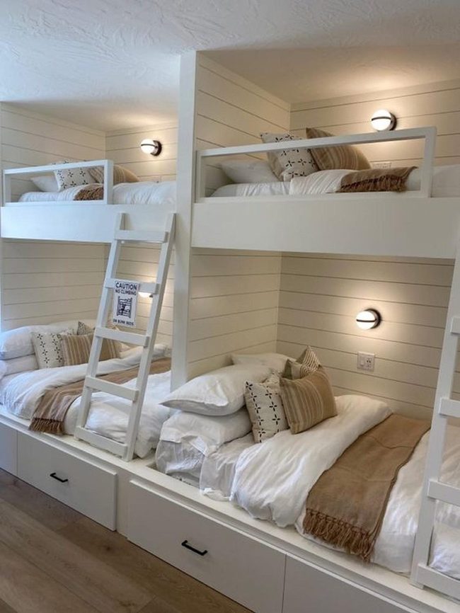 White Paneling Bunk Bedroom Storage