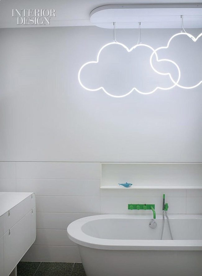 Round Tub, Green Fixtures, White Walls