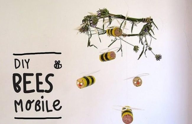 Yellow Cork Bees Twig Mobile