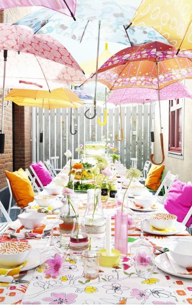 Colorful Umbrellas Over Festive Dining