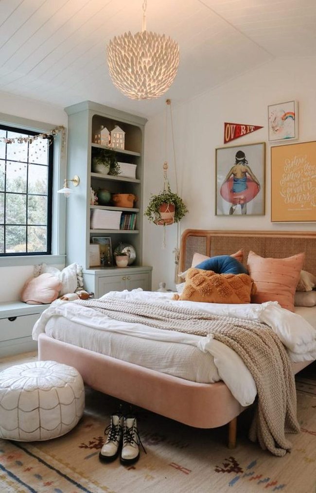 Rattan Headboard With Peach Walls