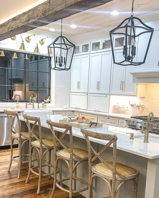 Black Pendant Lights Over Farmhouse Table