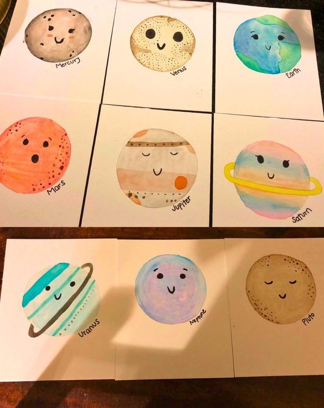 Watercolor Planets With Smiling Faces