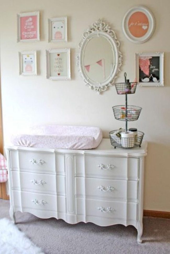 Curved White Dressers, Pastel Prints