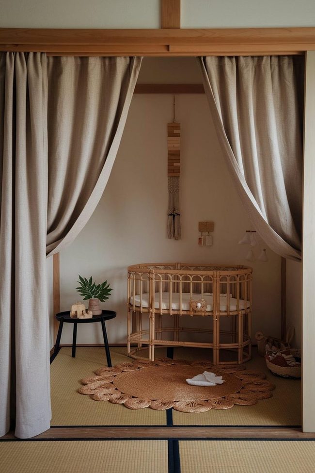 Linen Curtains Frame Rattan Crib