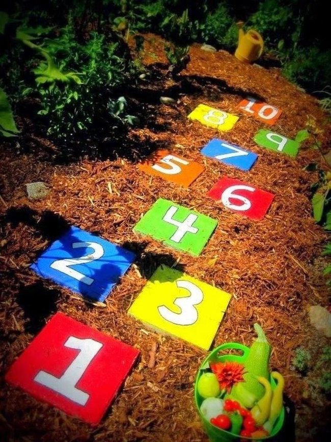 Numbered Tiles Brown Mulch Path
