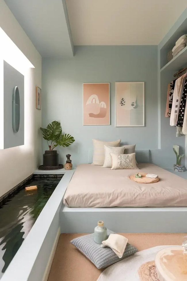 Minimalist Sleep Sanctuary With Water Feature