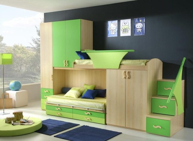 Green Wood Bunk With Built-In Storage