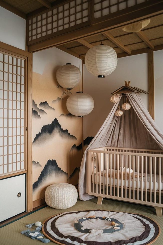Ink Mountains with Wooden Canopy Crib