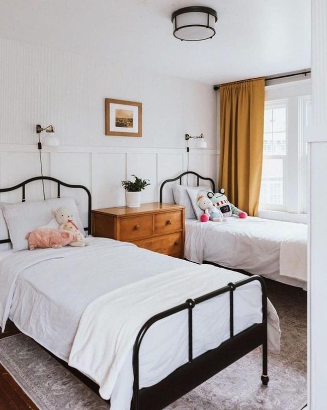 Yellow Curtains, Twin White Beds
